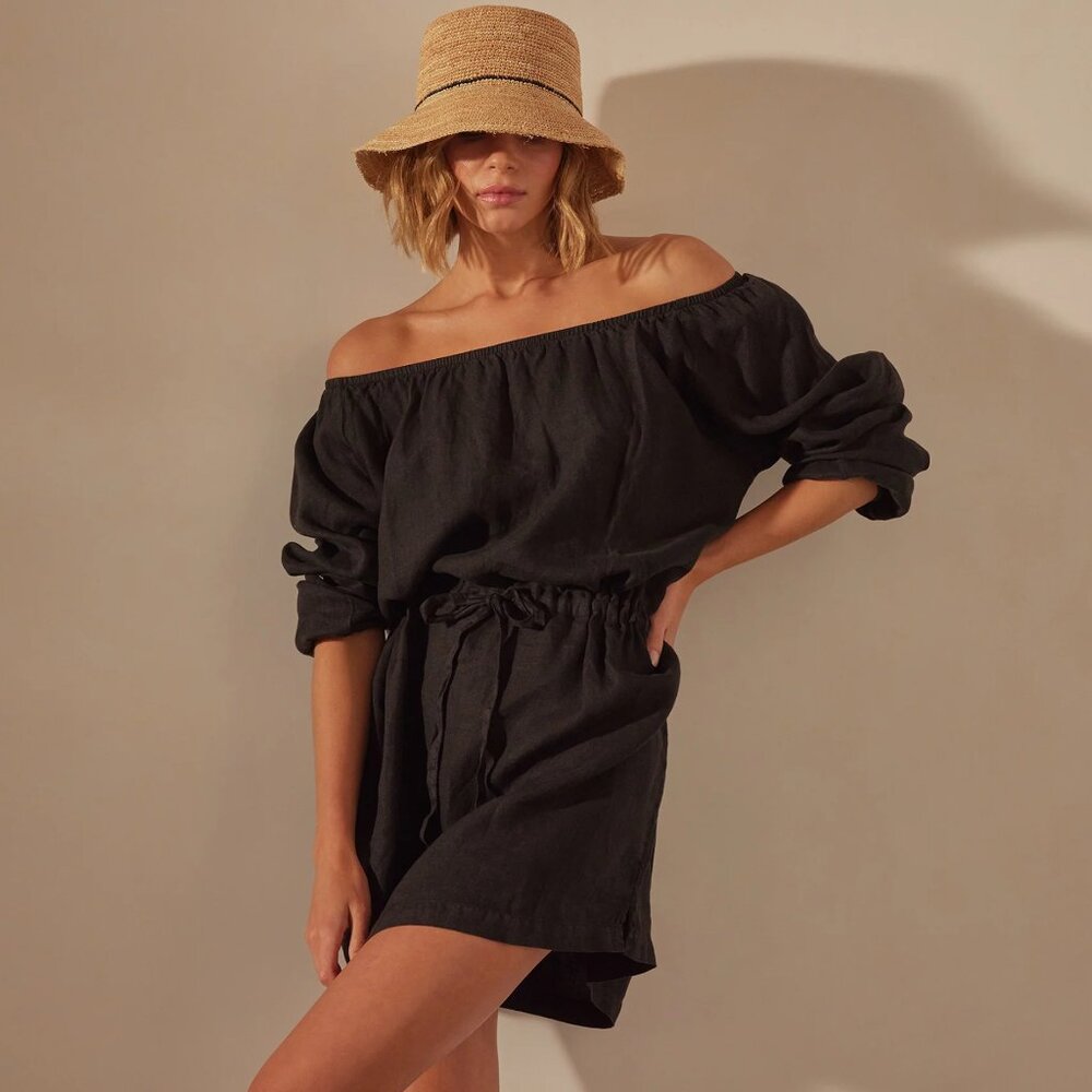 James Perse Linen Dress Black Off Shoulder Size 4 XL New Tag $250